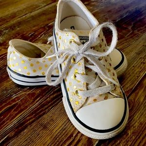 Converse All Stars. White with gold polka dots. Size 8.
